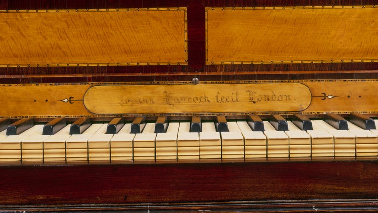 Close-up of inscription on Spinet by John Hancock, London, late c18th, at Fenton House
